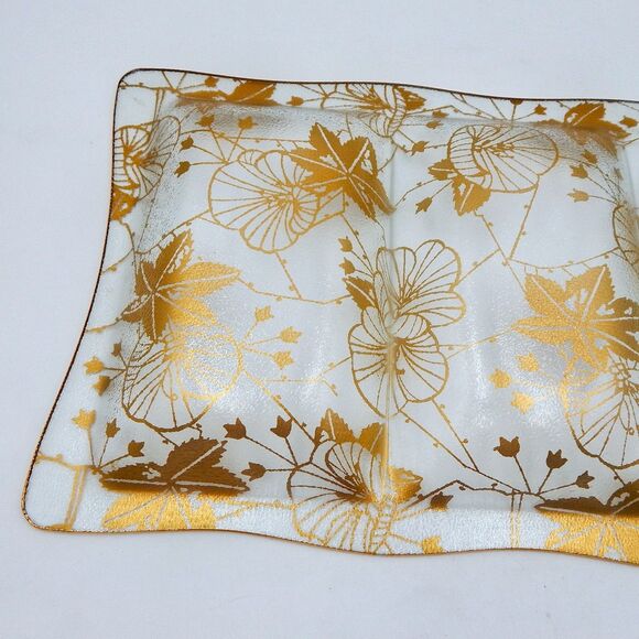 MCM Glass Divided Serving Tray Gold Leaf Graphic Hollywood Regency Unmarked - Picture 5 of 12